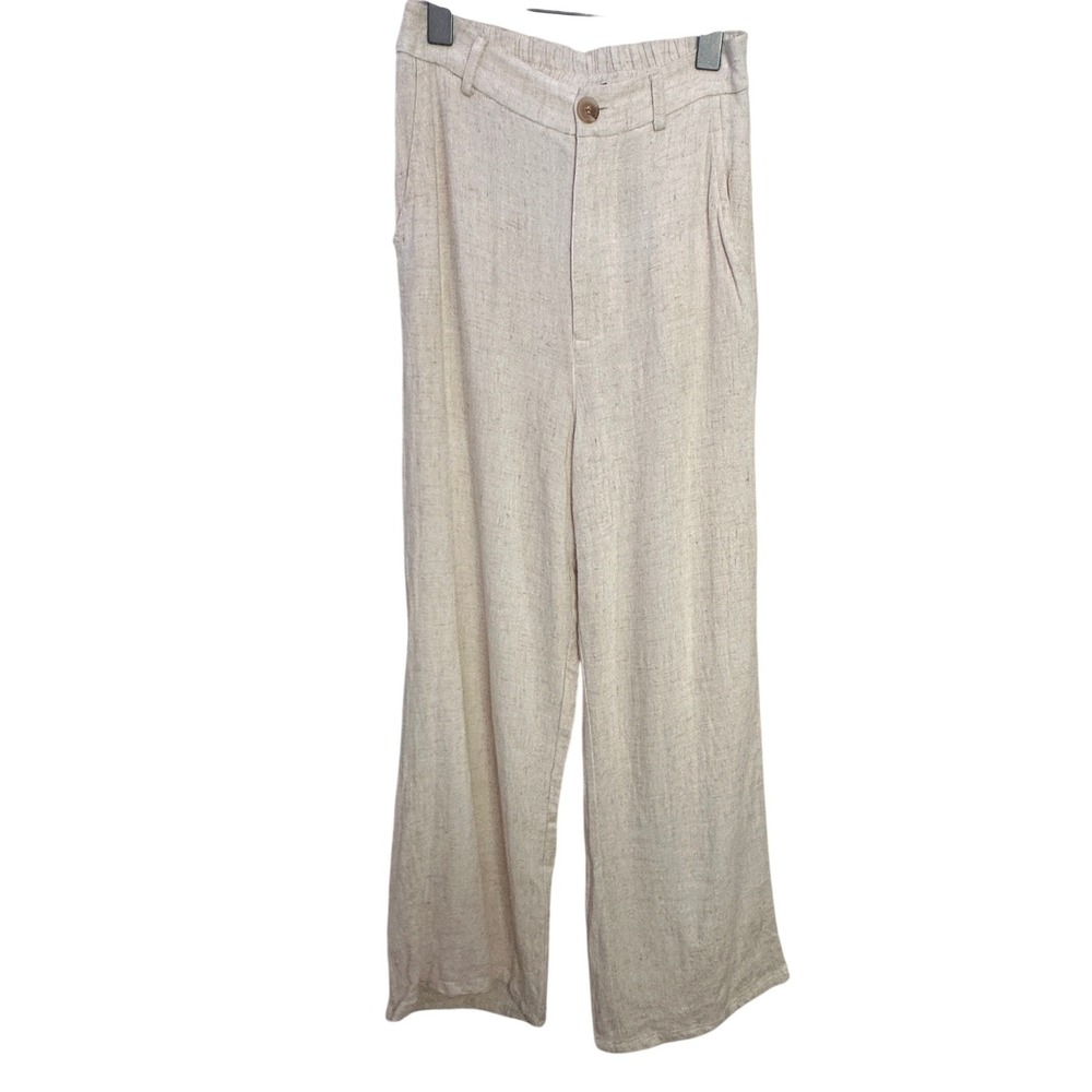 Lulus Oatmeal Beige Linen Blend Wide Leg High Waisted Pants XS Elastic Back